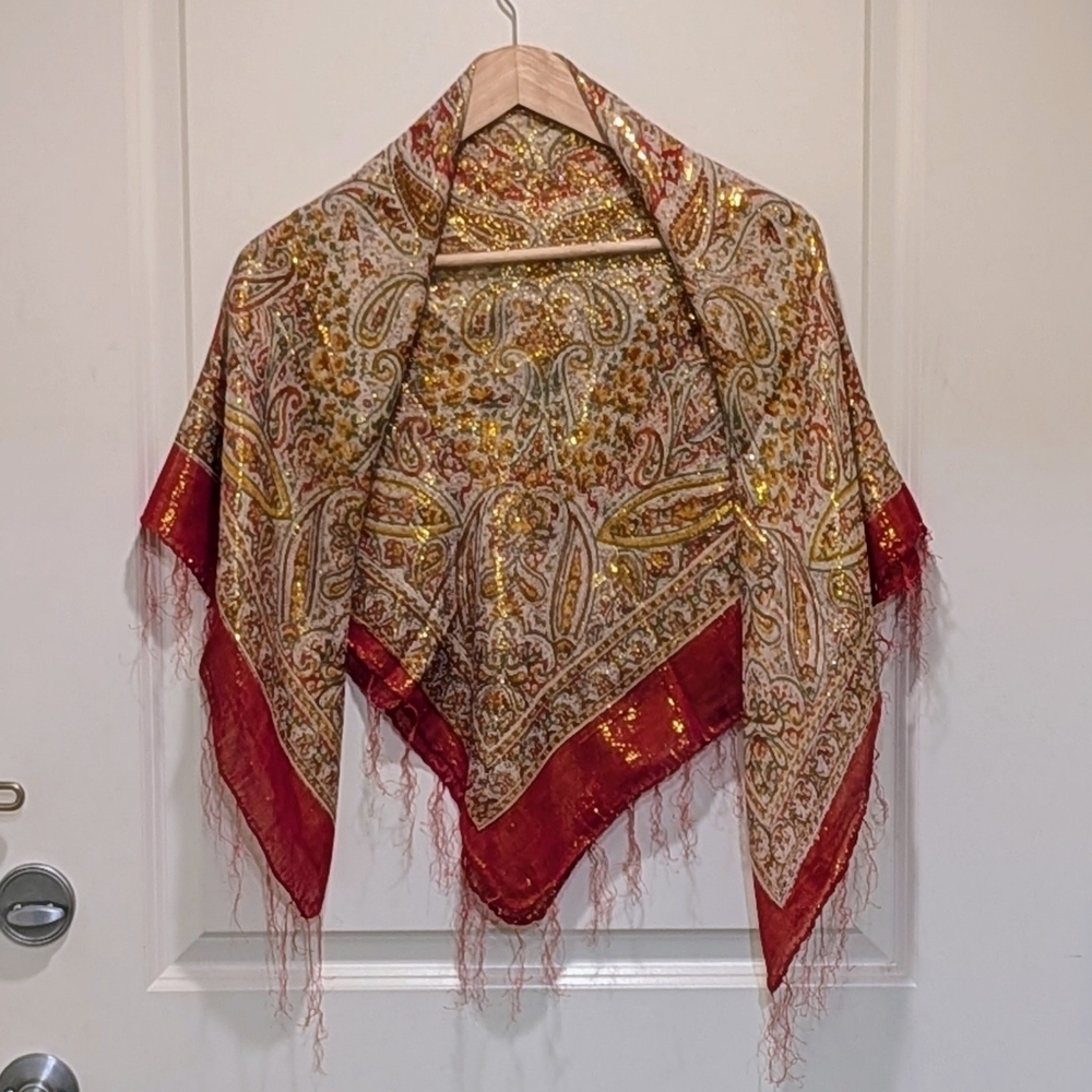 NWOT Beckwoman 37"x39" Gold Metallic Indian Cotton Square Scarf